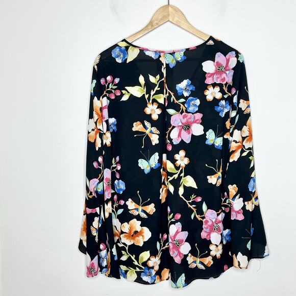 Butterfly Floral Print Top Womens Size 1X Flare Sleeve Chiffon Colorful Nature - Picture 5 of 6